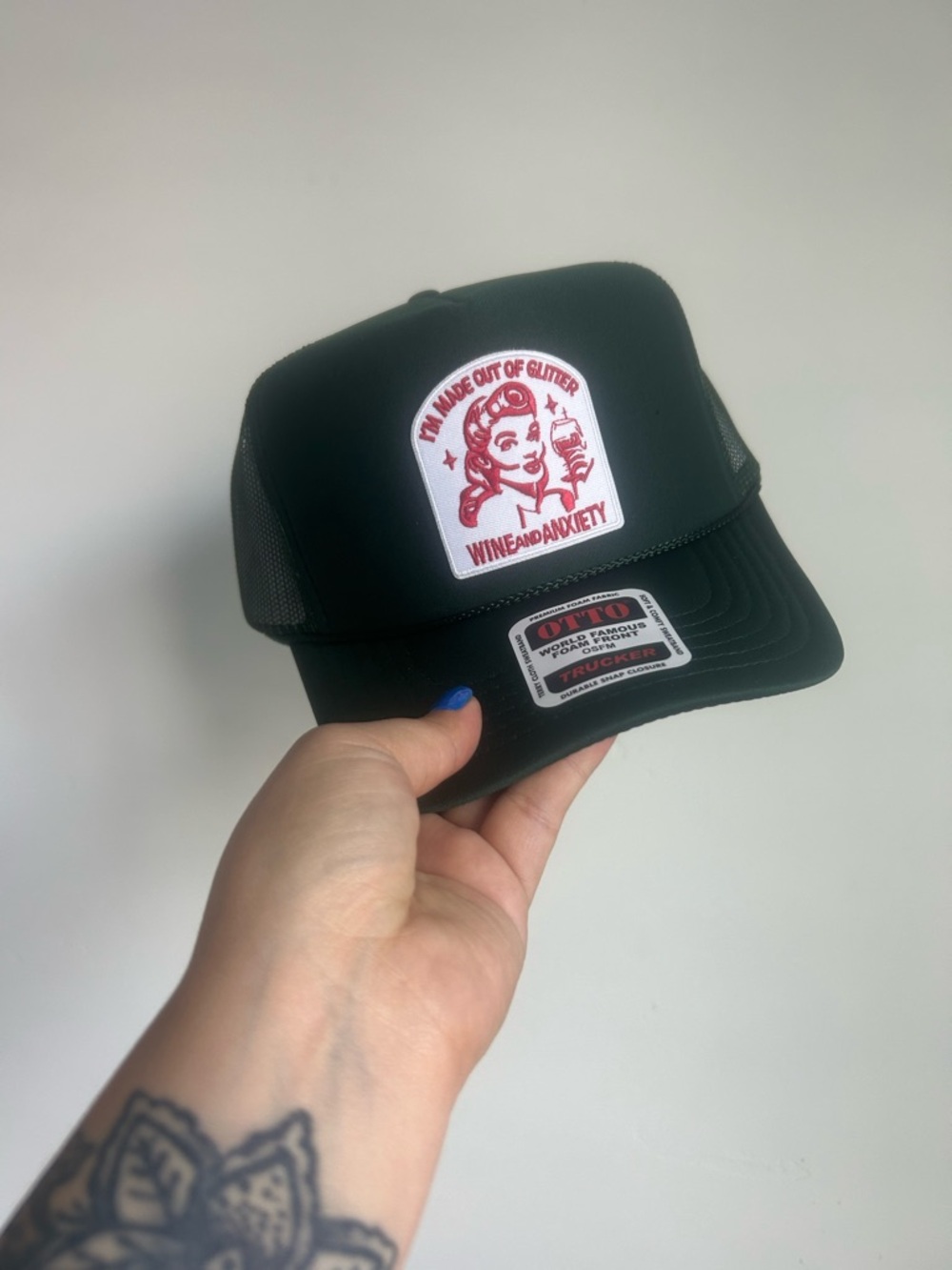 Dark green  'Wine and Anxiety' Trucker Cap